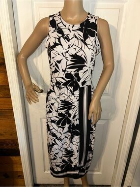 Michael Kors Sleeveless Black and White Floral Midi Dress